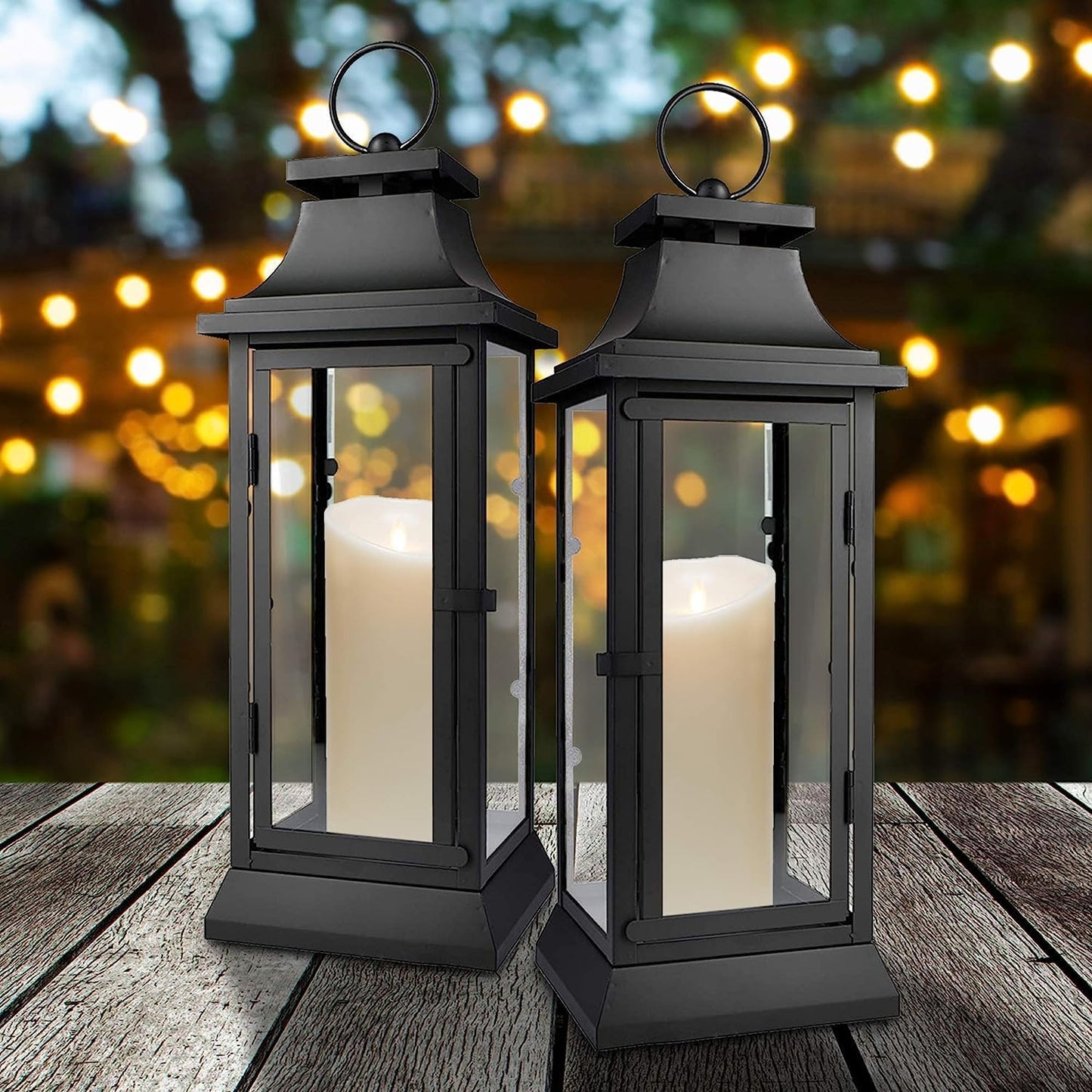Serene Spaces Living Set of 4 Black Hurricane Lanterns with Clear Glass Panels - Ideal for Home Decor, Parties & Events - Table Top or Hanging Lantern for Indoor & Outdoor Use - Measures 15" Tall