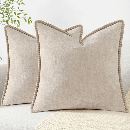decorUhome Chenille Soft Throw Pillow Covers 20x20 Set of 2, Farmhouse Velvet Neutral Decorative Euro Pillow Covers with Stitched Edge for Couch Sofa Bed Home Decor, Beige