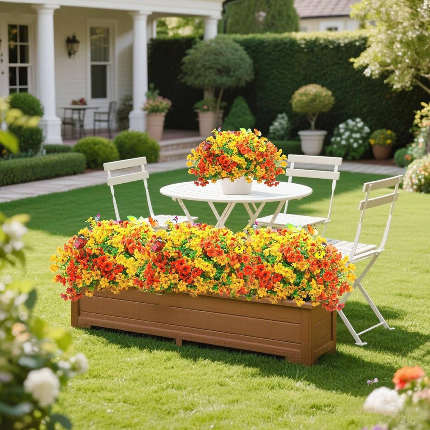 ‌20 Bundles Artificial Flowers for Outdoors‌ with 6 Faux Butterflies, UV Resistant ‌Fake Flowers‌ with Eucalyptus Leaves, ‌Artificial Plants Outdoor‌ for Patio Garden Porch Home Decor (Orange Yellow)