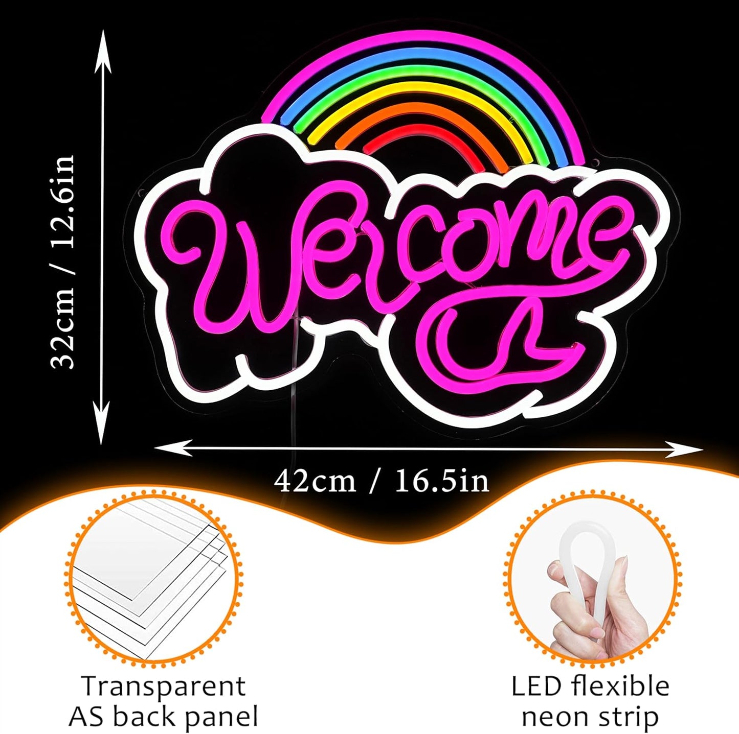 LISIGNVE Rainbow Welcome Neon Sign Cloud Light Up Sign Welcome Led Sign Rainbow Neon Light with USB for Bedroom Wedding Party School Business Wall Decor (16.5”*12.6”)