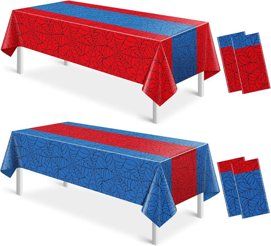 4Pcs Spider Web Themed Birthday Party Tablecloths Decorations,Mix Blue and Red Hero Plastic Table Cover Disposable Rectangle Table Cloth for Baby Shower Kids Boys Birthday Party Supplies,54x108 Inch