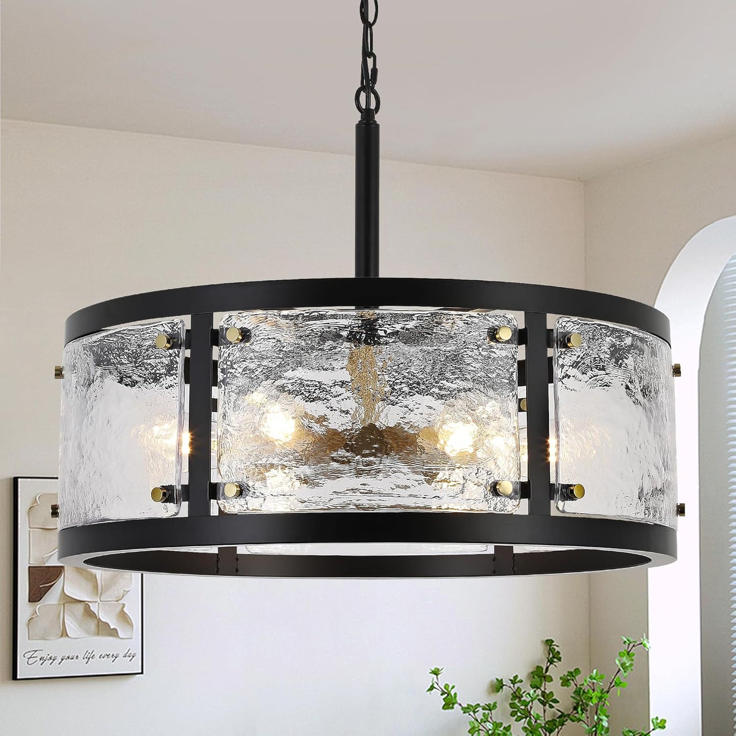 23.6" Large Farmhouse Drum Black Chandelier, 6-Light Vintage Round Glass Chandeliers for Dining Room, Industrial Light Fixture for Kitchen Living Room Stairwell, Clear Waterglass Drum Shade