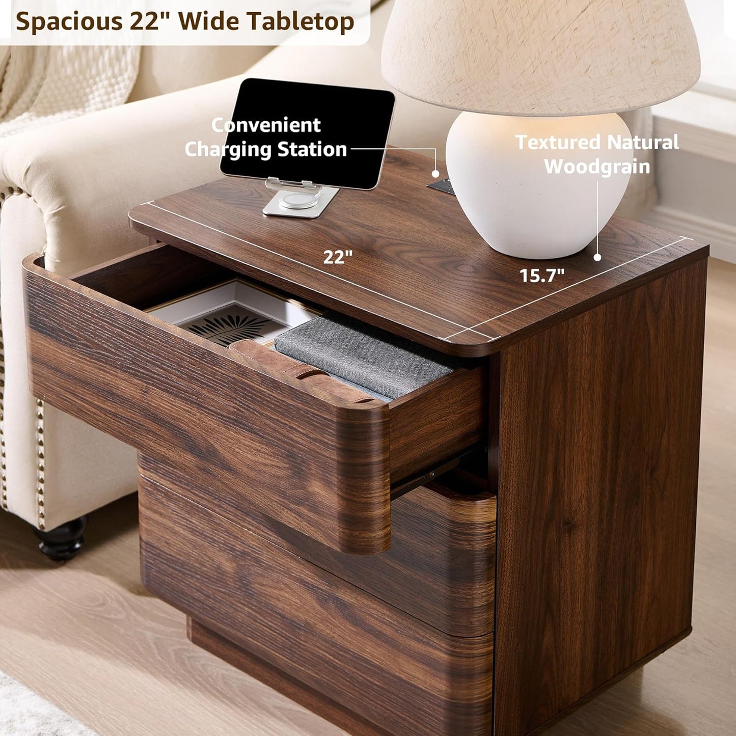 JXQTLINGMU 22" Modern Nightstand Set of 2 with Charging Station, Large Push-to-Open End Table, Wood Bedside Table, Curved Profile, Handleless 3 Drawer Night Stand for Bedroom, Living Room, Brown