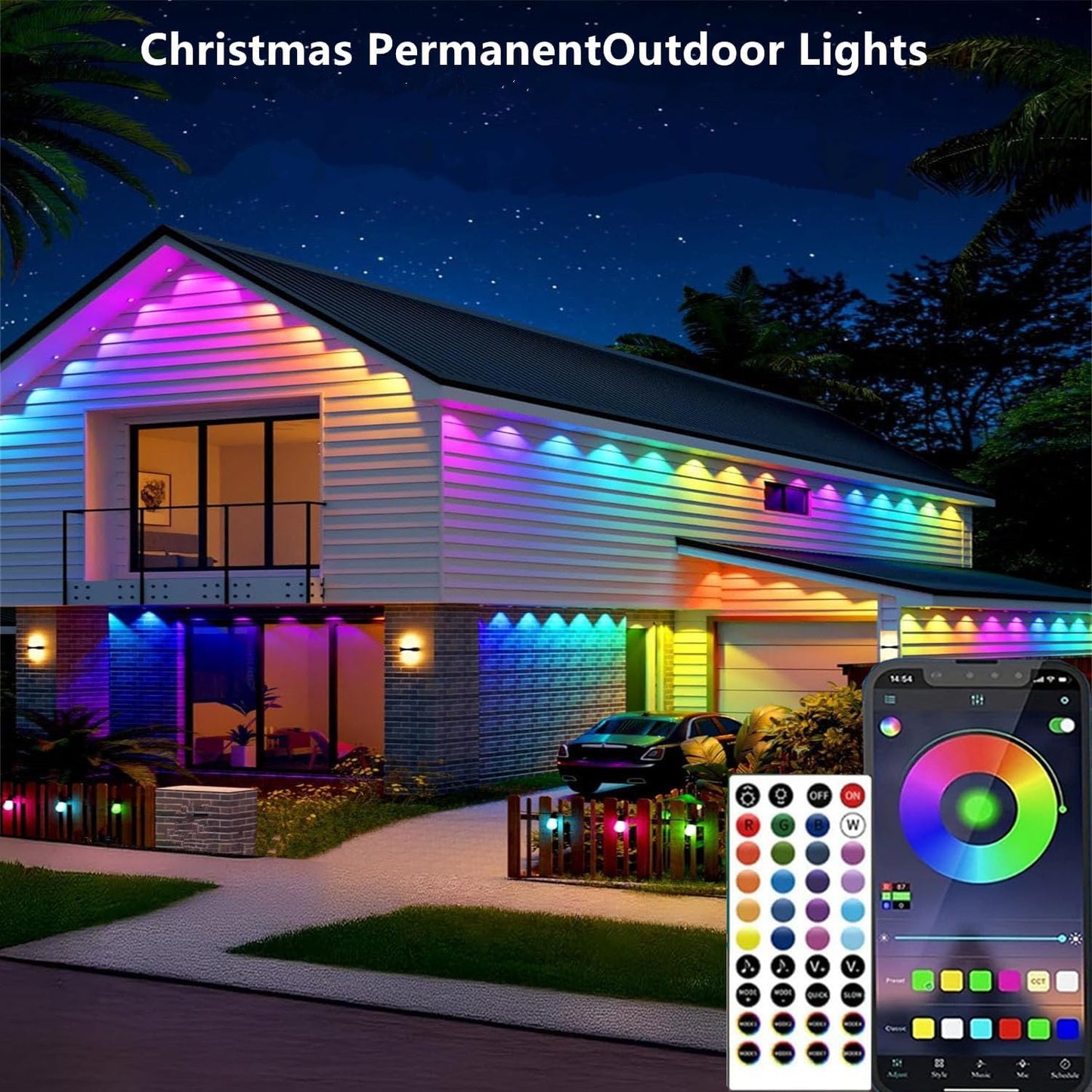 Permanent Outdoor Lights,200ft RGB + IC Smart LED Eaves Lights with App & Remote Control, IP67 Waterproof,for Christmas and All Holiday Decor,Daily and Accent Lighting,House Roof and Garden Lighting