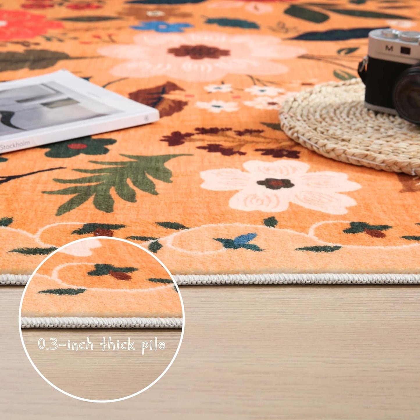 Living Room Rug 6x9 Rug Machine Washable Boho Area Rug Non Slip Floral Vintage Low Pile Large Rug for Living Room, Bedroom, Farmhouse, Dining Room, Kids Playroom(Yellow)