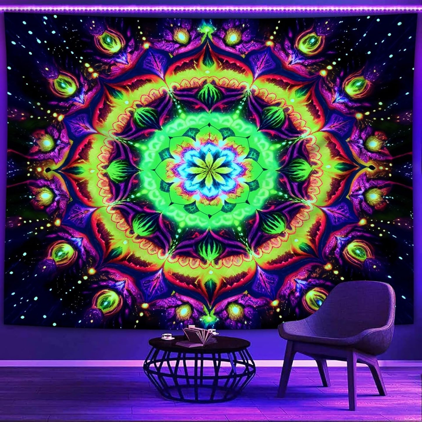 Blacklight Mandala Tapestry for Bedroom, Psychedelic Flower Black Light Posters for Adults and Teens, UV Reactive Aesthetic Bohemian Art Wall Hanging Decor Golden and Green (40 x 30 Inches)