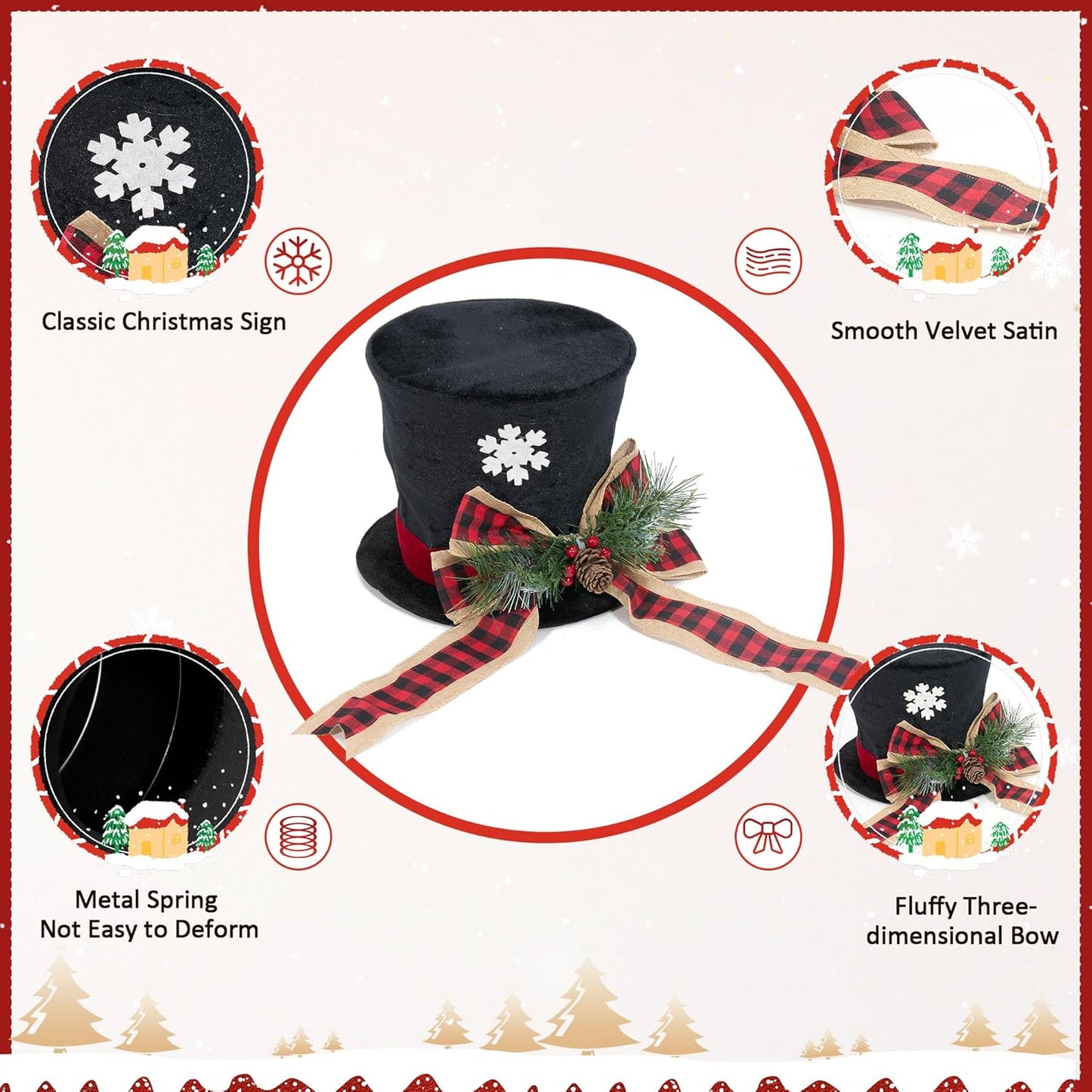 GENMOUS Christmas Hat Tree Topper, Buffalo Plaid Snowflake Christmas Tree Topper Bows with Light, Xmas Tree Top Ornament Home Decorations Ideal Gifts