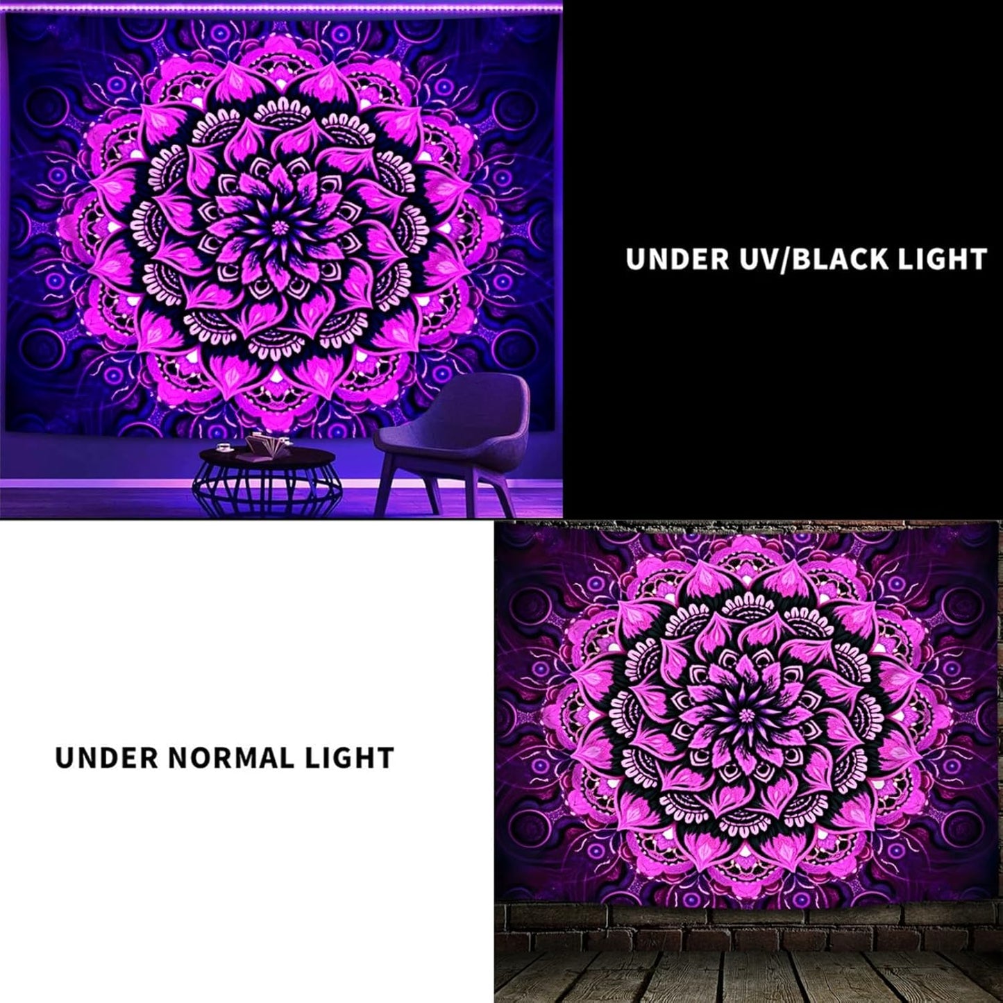Psyhilar Blacklight Mandala Tapestry Wall Hanging, Psychedelic Flower Black Light Posters for Adults and Teens, UV Reactive Aesthetic Bohemian Art for Bedroom (90 x 70 Inches)
