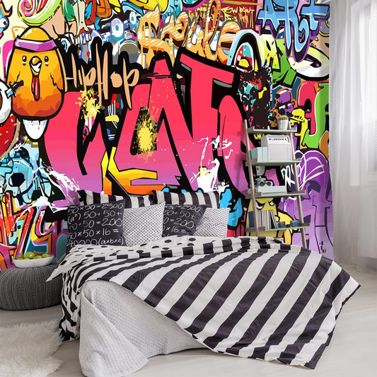 -Street Art Graffiti Wallpaper Fabric Wallpaper Living Room Bedroom Bathroom Boys Girls Children's Room Abstract Large Wall Mural- 91"x65"（ not Peel and Stick）