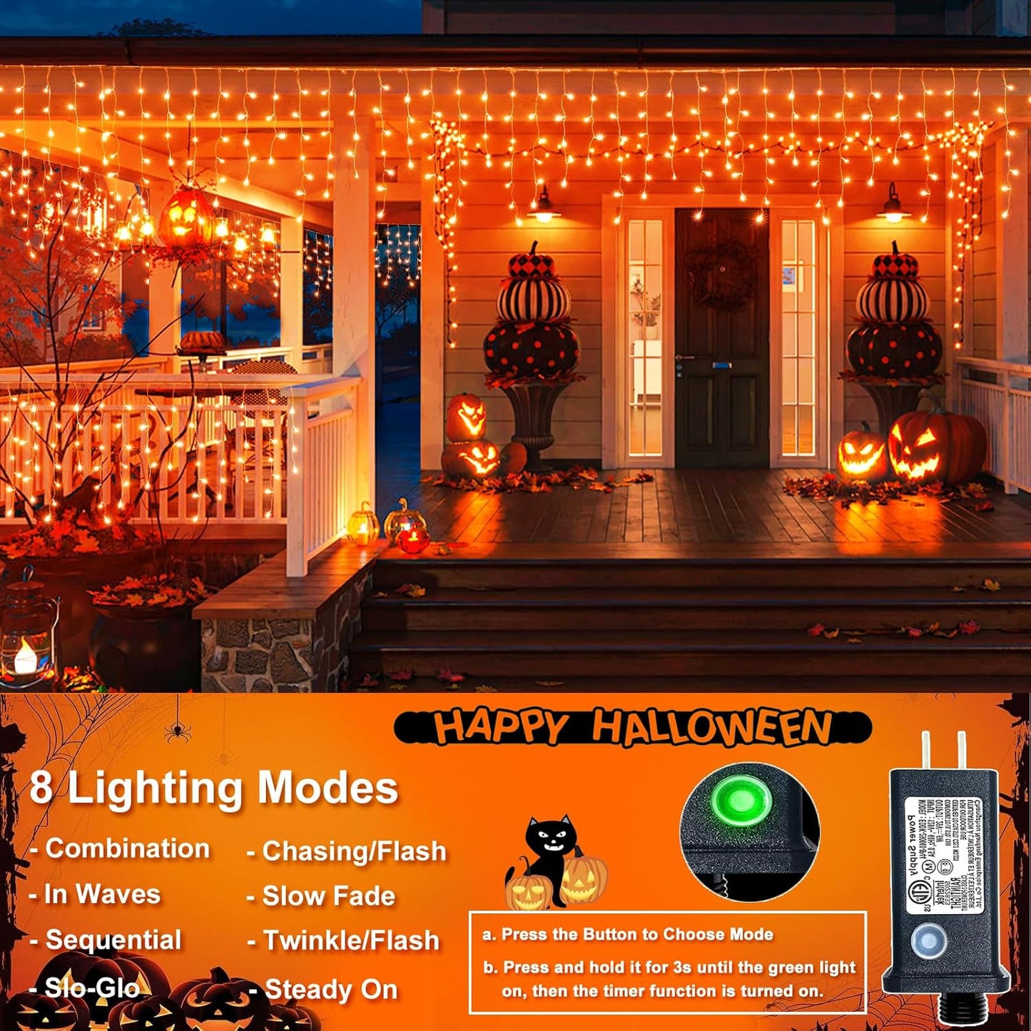 Orange Halloween Lights Outdoor, 33FT 400 LED Icicle Lights for Outside with 8 Modes Waterproof, Plug in Connectable Twinkle String Light for Indoor House Yard Patio Party Holiday Decorations