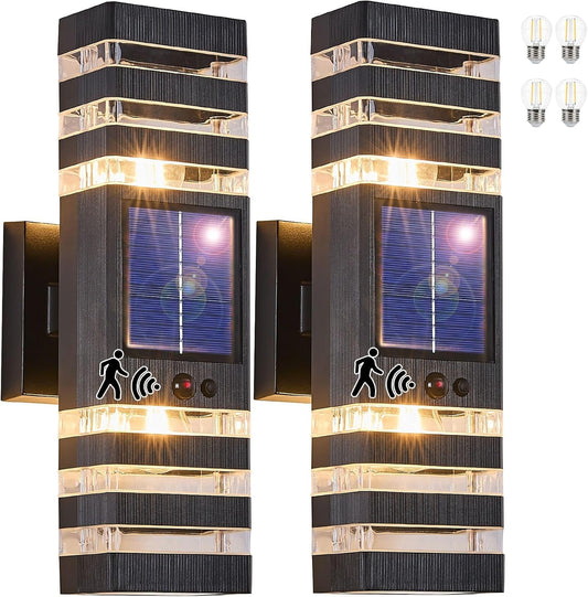 2 Pack Solar Outdoor Wall Lights with Motion Sensor 3-Mode Motion Outdoor Sconces 3000K 500LM Dusk to Dawn Solar Porch Light Fixtures Modern Up Down Exterior Wall Lamp for House Garage Front Door