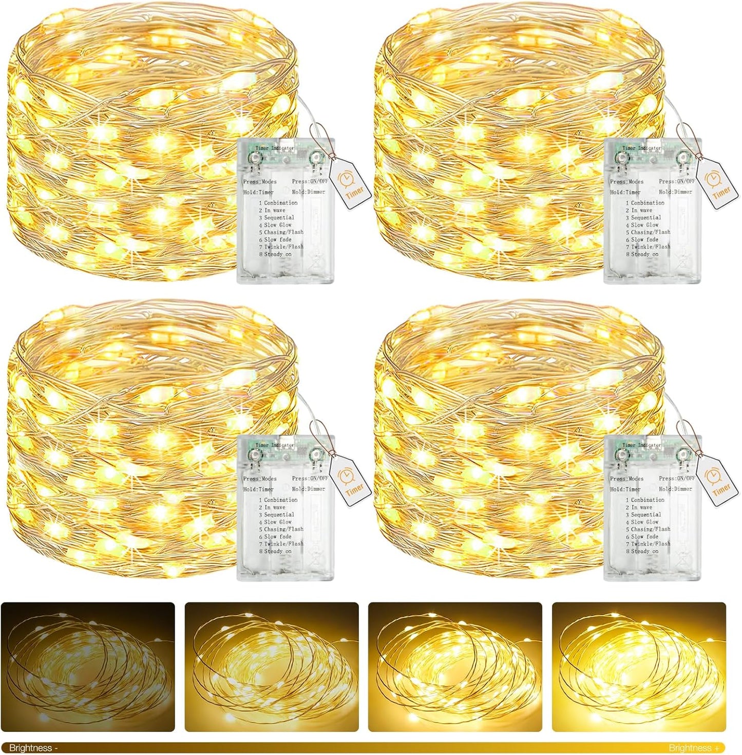 btfarm 4 Pack Fairy Lights Battery Operated with Timer, 16.4 FT 50 LED Twinkle String Lights 8 Modes Dimmable Waterproof Silver Wire for Indoor Bedroom Christmas Party Wedding Decorations, Warm White
