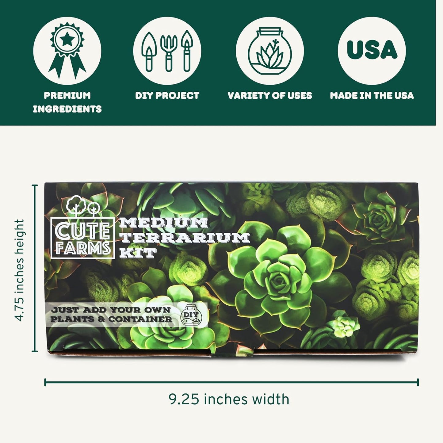 Cute Farms Terrarium Starter Kit | Moss, Vermiculite, Soil, Pebbles, Plant Food, Finishing Tools, Build and Care Guide | DIY Succulent Terrarium for Adults and Kids (Medium)