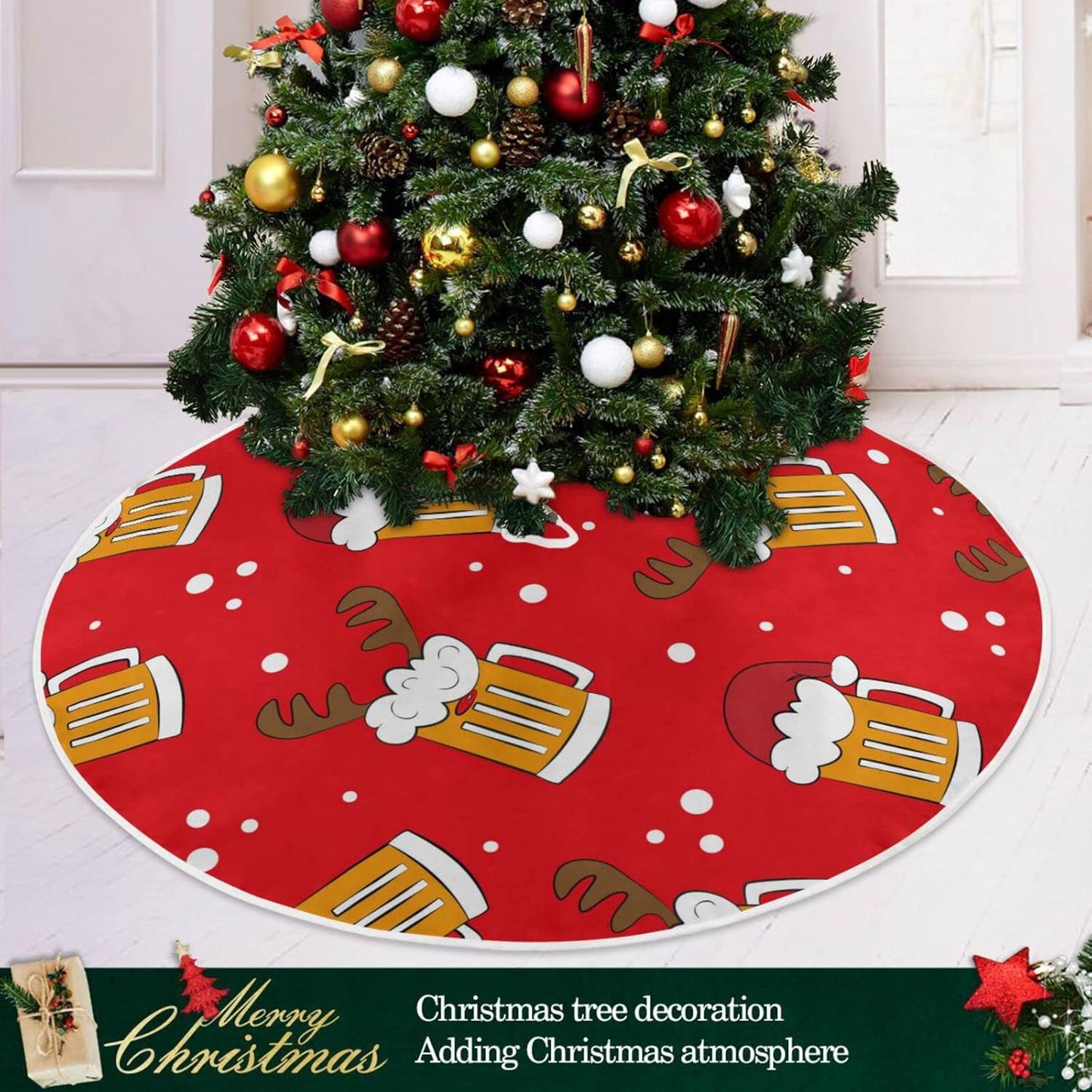 Christmas Funny Beer Tree Skirt, Seasonal Tree Mat Holiday Party Supplies Ornaments Indoor Outdoor Decorations for Tabletop Trees 35.4 Inches