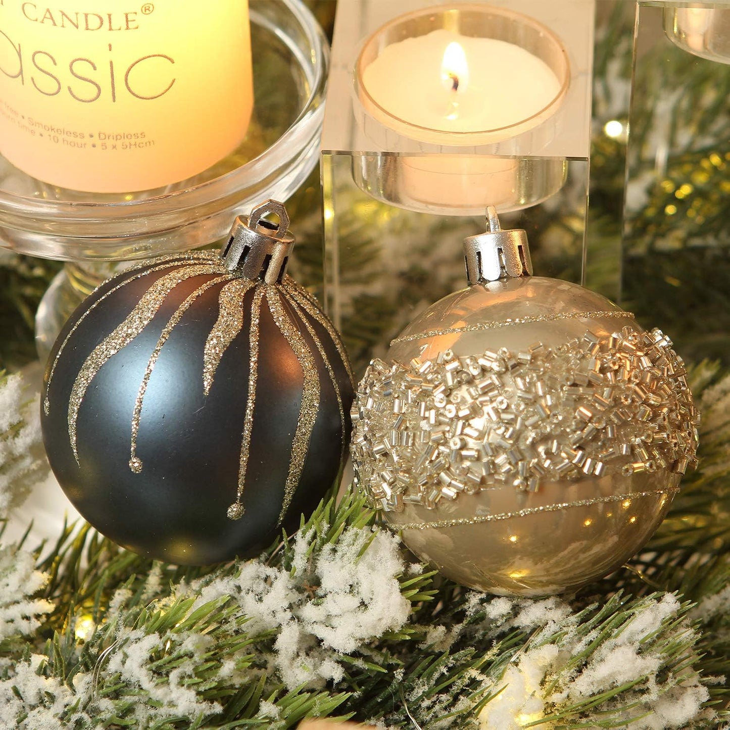 Sea Team 60mm/2.36" Delicate Contrast Color Theme Painting & Glittering Christmas Tree Pendants Decorative Hanging Christmas Baubles Balls Ornaments Set - (Stone Blue & Silver Grey), Pack of 30