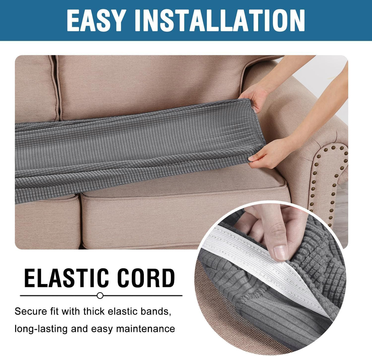 H.VERSAILTEX Super Stretch Individual Seat Cushion Covers, Thick Jacquard Textured Twill Fabric (3 Piece XL Sofa Cushion Covers, Grey)