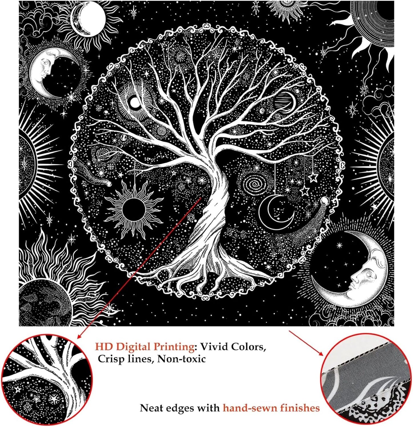 AACKart Tree of Life Tapestry for Bedroom Aesthetic Room Decor-Black and White Spiritual Tree Tapestry Wall Hanging with Sun Moon Star 59.1 x 51.2 inches