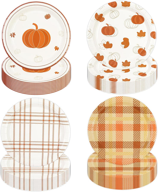 48Pcs Fall 7inch Paper Plates - Pumpkin Maple Leaf Dessert Plates for Cake Salad Fruit Disposable Autumn Party Supplies for Fall Thanksgiving Harvest Picnic Decoration, 4 Styles