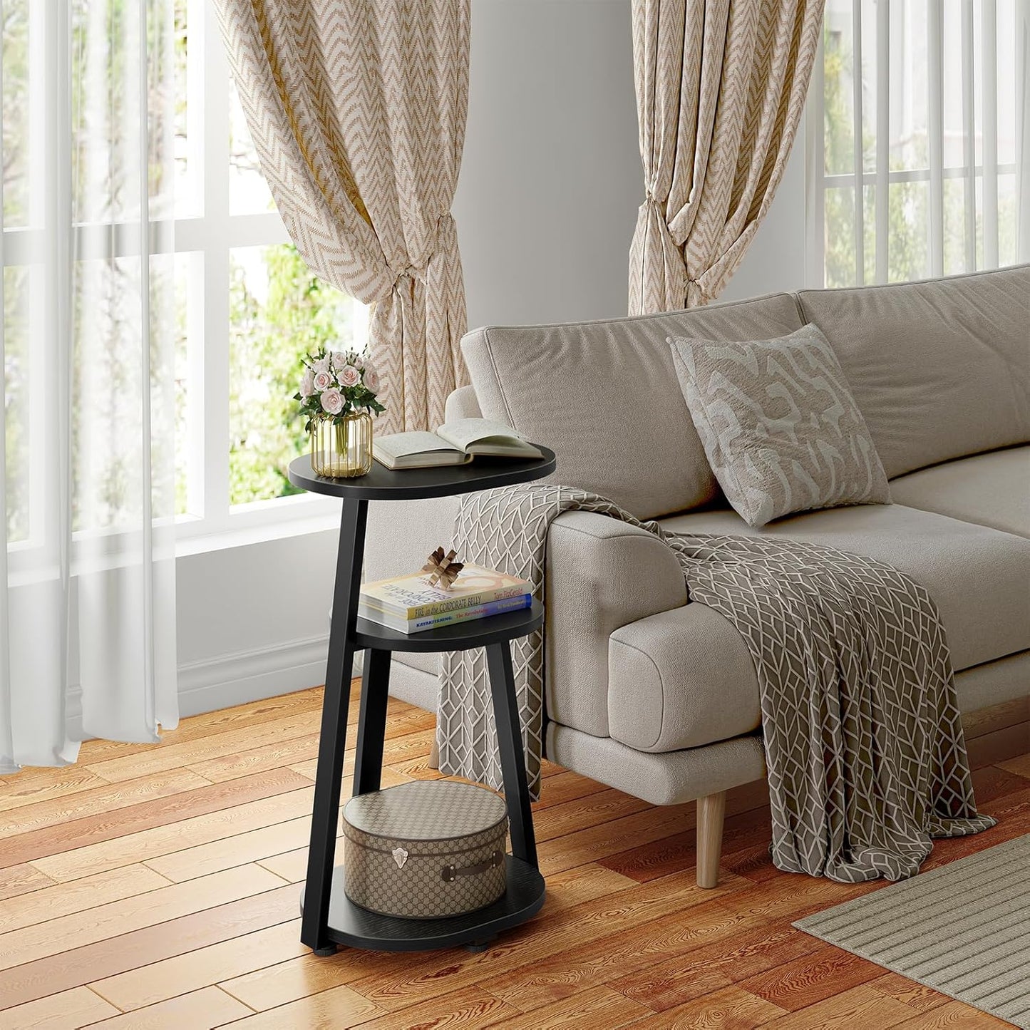 Side Table, Small End Table with Metal Frame, 3-Tier Bedside Tables, Round Side Tables for Living Room Bedroom Couch Bathroom, Oval, Pure Black