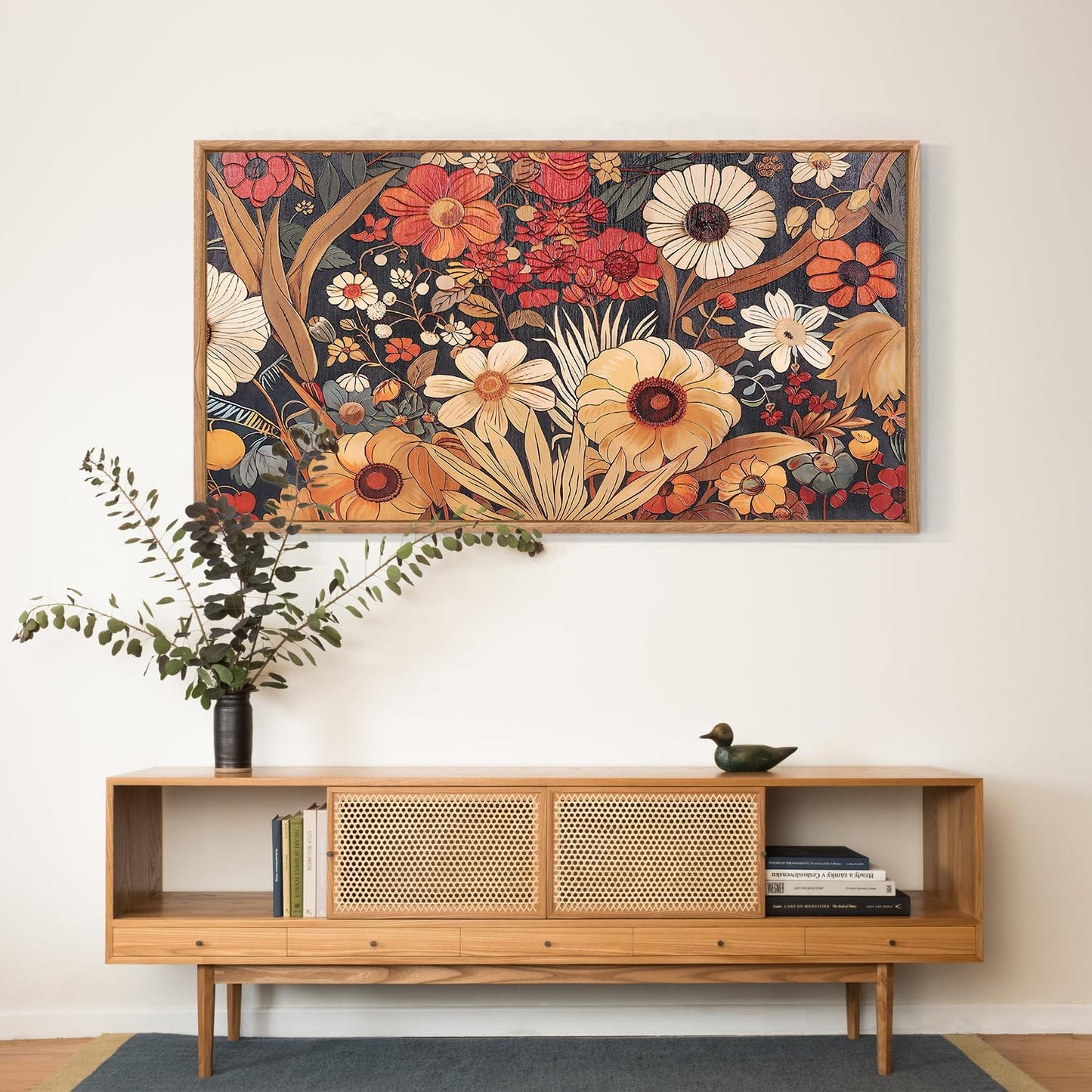 Aurlan Boho Burnt Orange Terracotta Wildflowers Framed Wall Art(40"x20"), Abstract Floral 3D Textured Canvas Artwork, Large Modern Vintage Botanical Nature Art Wall Decor for Home Office Living Room Bedroom