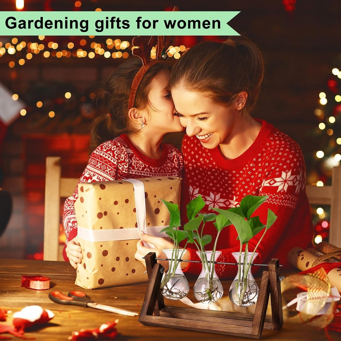 YIBOT Propagation Stations,Plant Terrarium with Retro Wooden Stand, Unique Gardening Birthday Gifts for Women Plant Lovers, Hydroponics Plants Home Office Garden Decor - 3 Bulb Glass Vases