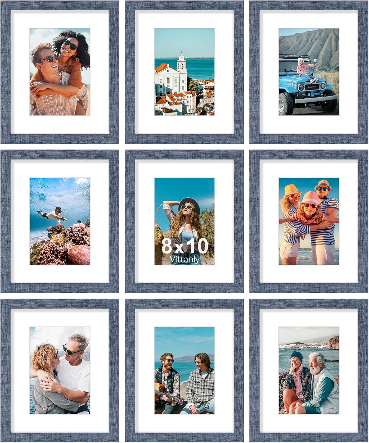 Vittanly 8x10 Picture Frames Set of 9, Shatter Resistant Plexiglass, Display 5x7 Pictures with Mat or 8x10 without Mat, Photo Frames for Wall or Tabletop, Engineered Wood, Navy