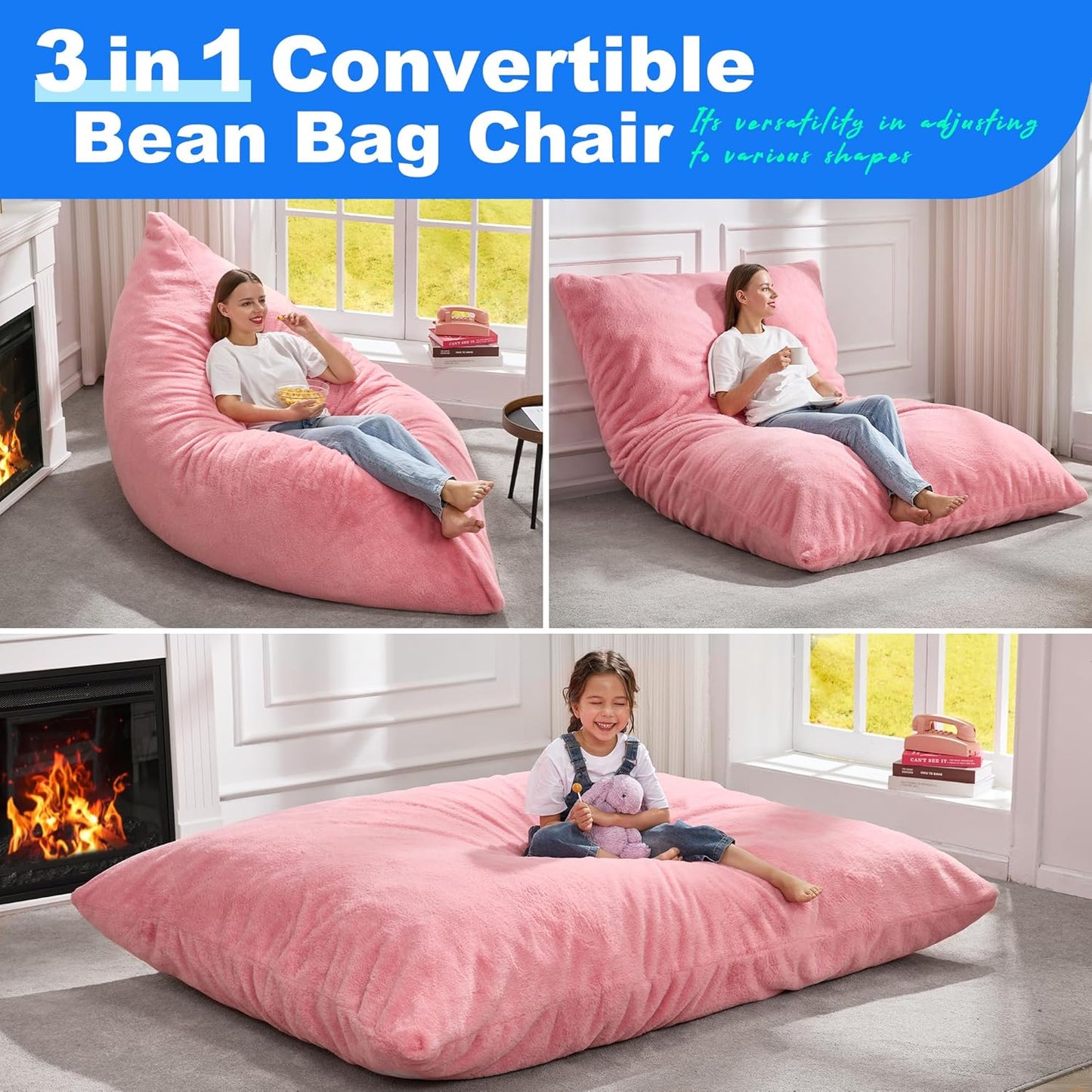 Hobestluk 3 in 1 Bean Bag Chair Giant Bean Bag Chairs for Adults with Chevron Plush Fur Cover Convertible Bean Bag Floor Cushion with Machine Washable Cover for Living Room (Plush Pink)
