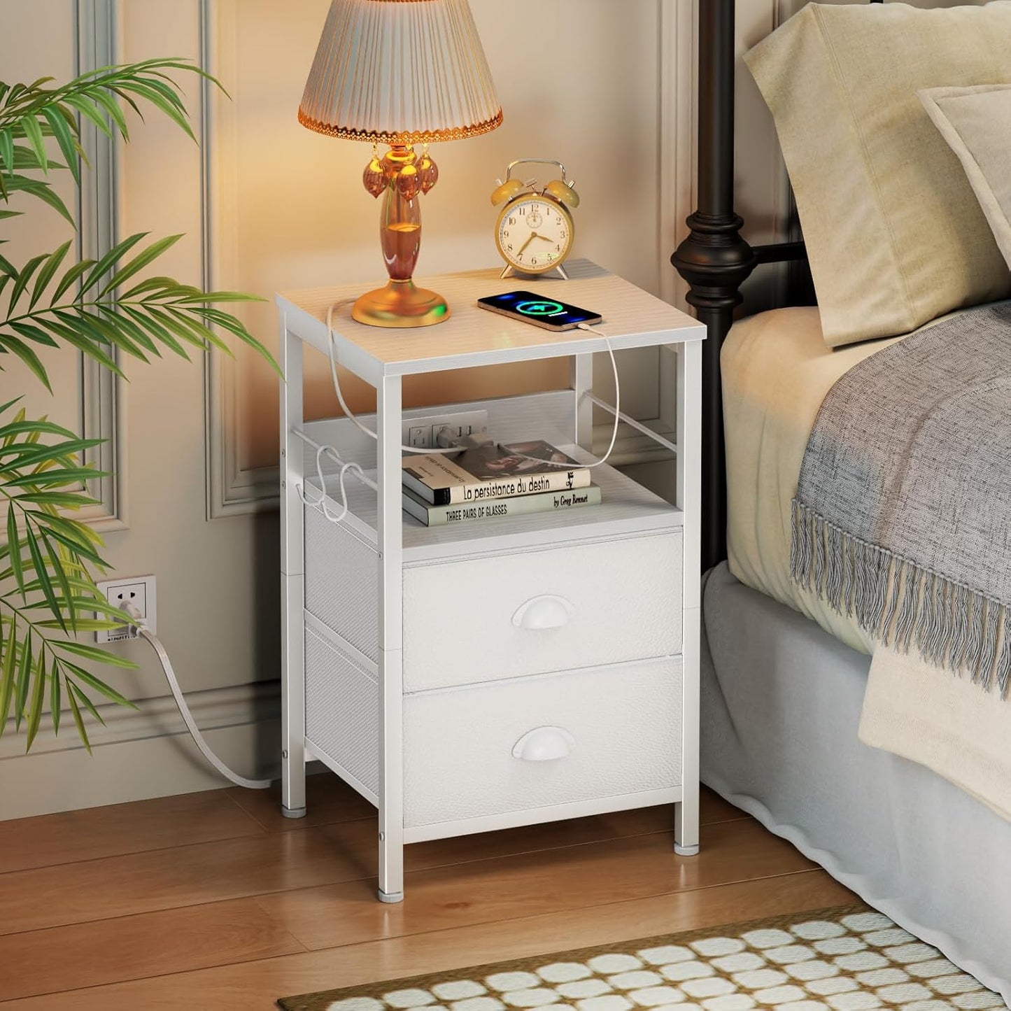 Furologee End Table with Charging Station, Nightstand with Fabric Drawers, Side Tables with USB Ports & Outlets, Night Stand with Storage Shelf & Hooks, for Living Room/Bedroom, White