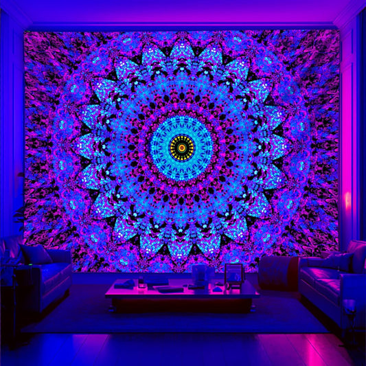 Blacklight Mandala Boho Tapestry, Black Light Bohemian Hippie Poster for Adults and Teens, UV Reactive Aesthetic Wall Art Decor for Bedroom (60 x 50 Inches)