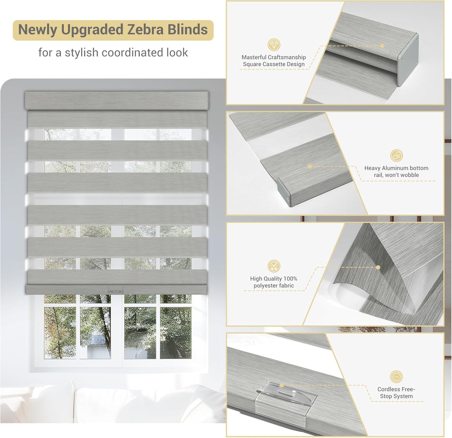 Cordless Zebra Blinds for Windows, Blackout Interior Blinds,Easy to Install,UV Protection,for Offices and Home,Custom Roller Shades, Mousse Light Grey,37" W x 36" H