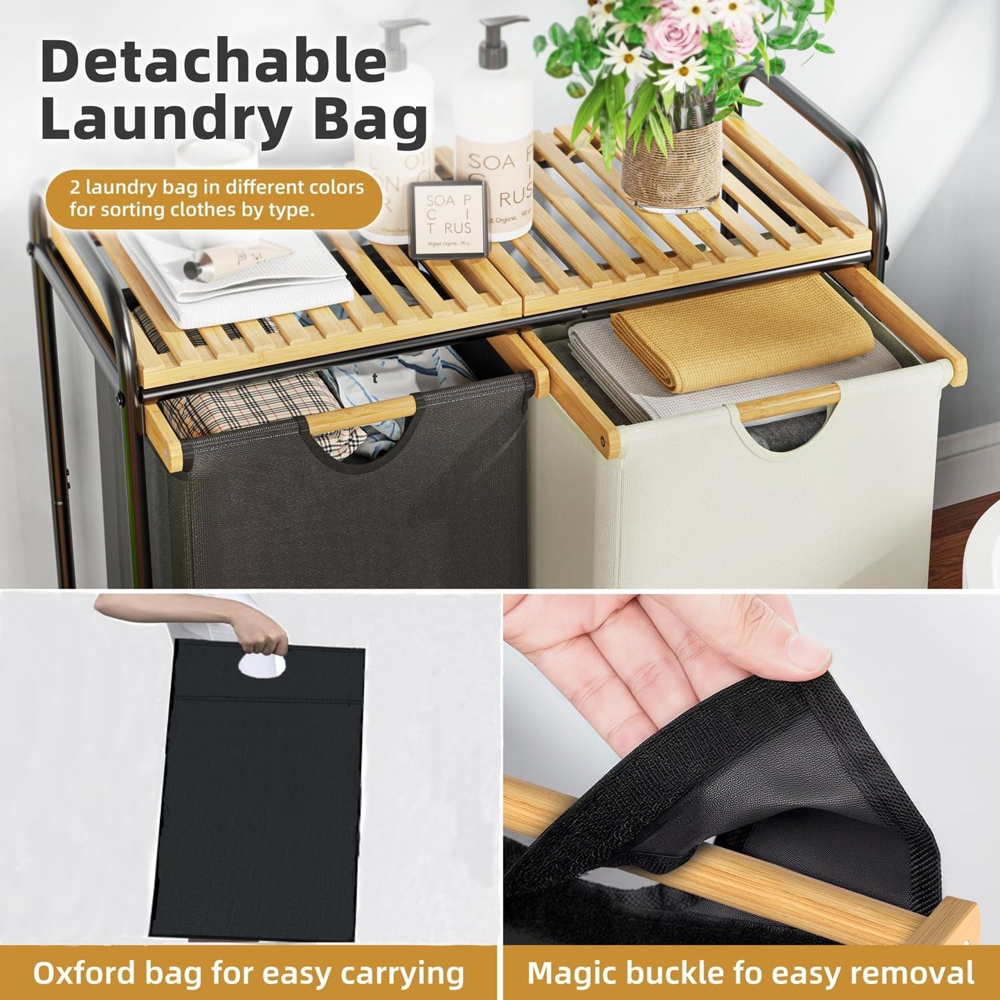 Laundry Hampers 2 Section, Laundry Sorter with Removable Shelf and Pull-Out Bags, Clothes Hampers with Wheels Rolling Cart Basket for Laundry Room Bathroom, 2 x 50 L (Black White)