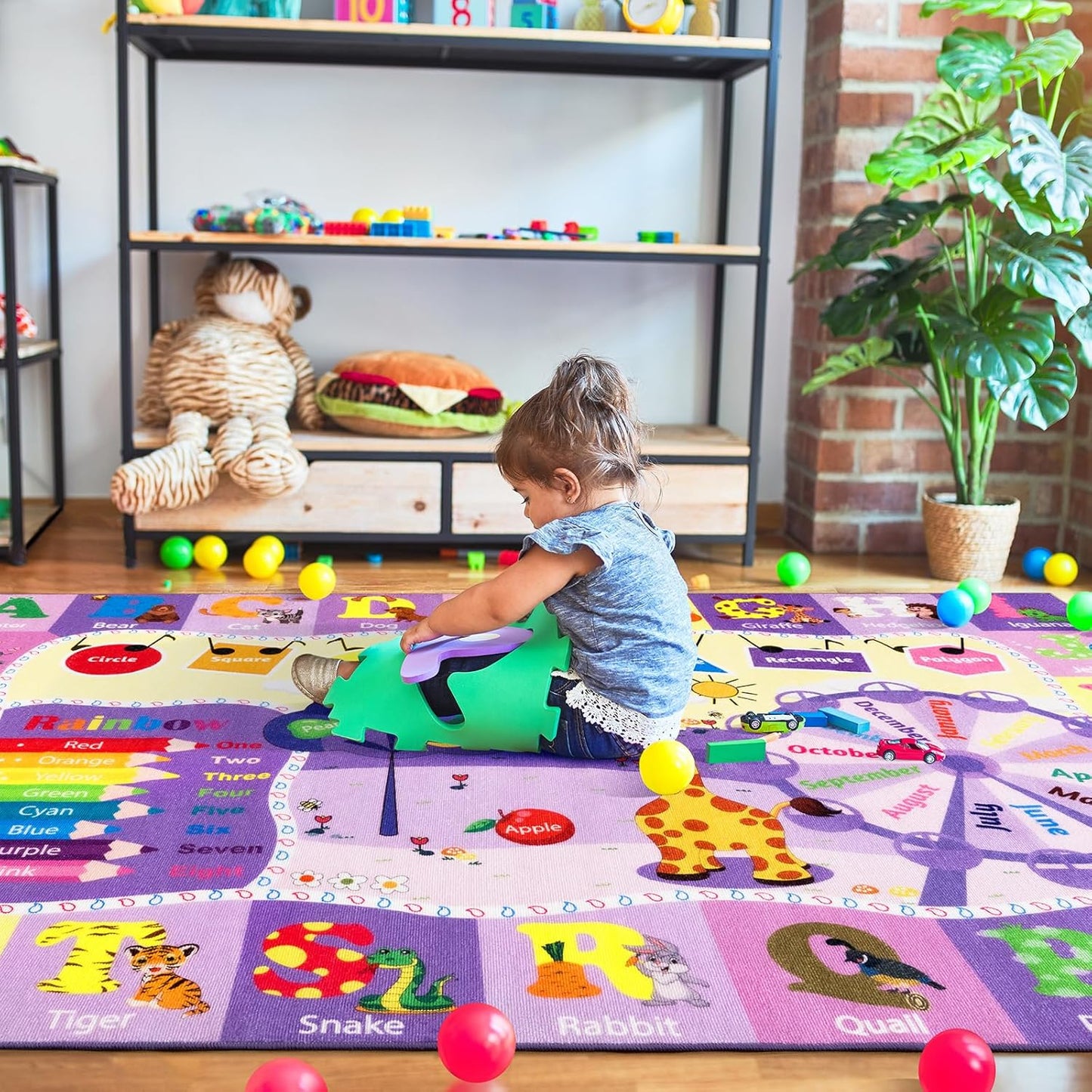 Kids Rugs for Playroom Bedroom Classroom Nursery, Non-Slip and Washable Rugs for Children Toddlers Girls, Educational and Fun Rug Carpets with ABC Alphabet Animals Shapes, 4x6, Purple