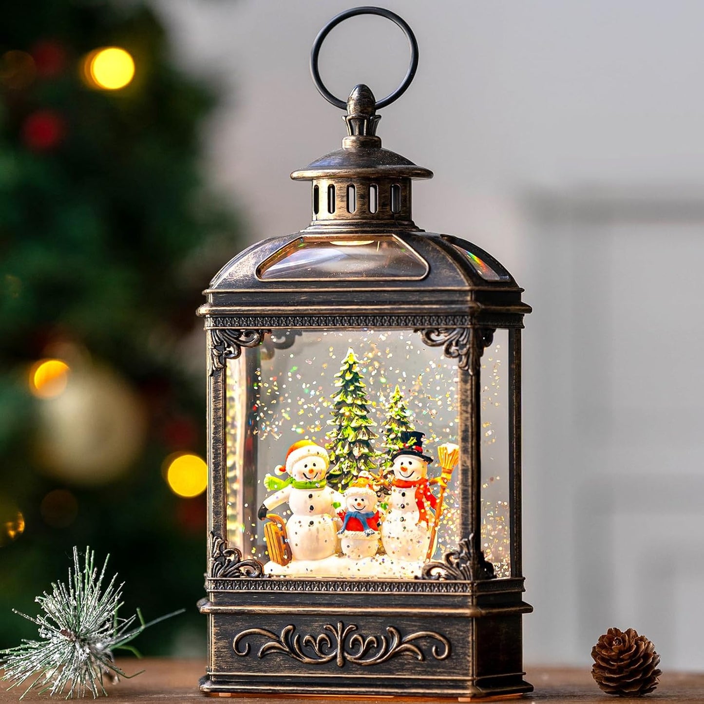 Christmas Snow Globe Lantern Water Glittering Snowman Family with Music & Timer, USB Lined/Battery Operated Lighted Lantern for Christmas Festival Decoration Gifts