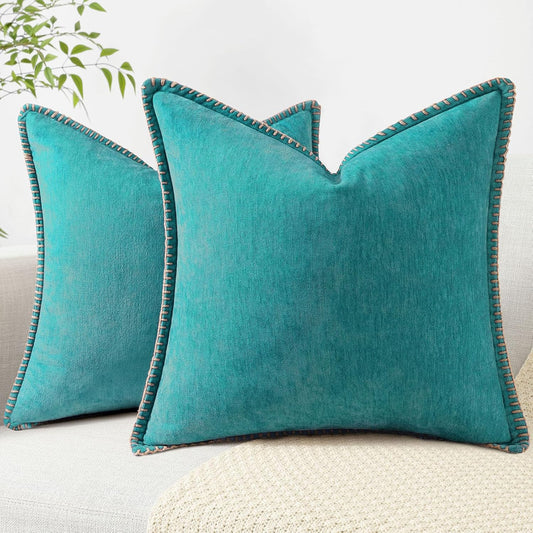 decorUhome Chenille Soft Throw Pillow Covers 22x22 Set of 2, Farmhouse Velvet Neutral Decorative Euro Pillow Covers with Stitched Edge for Couch Sofa Bed Home Decor, Turquoise
