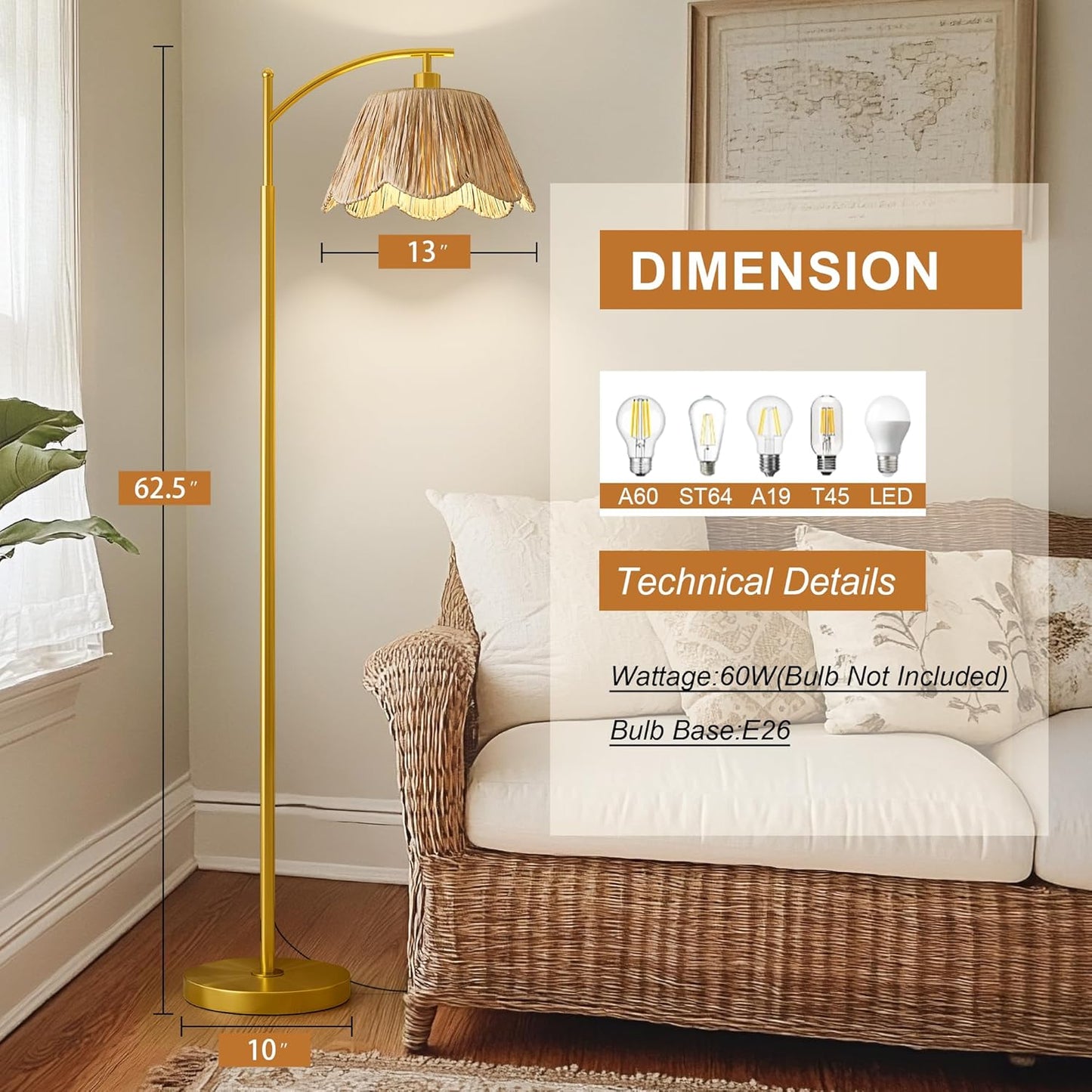 Oneach Arc Floor Lamp for Living Room,Rattan Boho Floor Lamp with Hand-Woven Wicker Shade, Foot Switch,Gold Metal Base & Pole,Farmhouse Standing Lamp for Bedroom Corner,Reading