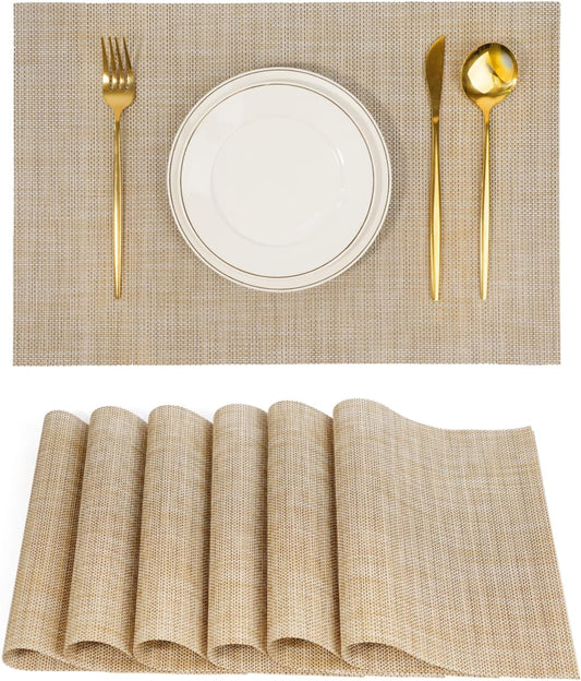 Placemats Set of 6，Non-Slip PVC Weave Table Mats Easy to Clean，Heat Resistant Place Mats for Kitchen Dining Table Decoration Indoor Outdoor，Beige