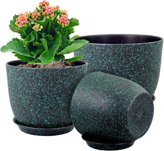 Plant Pots 9/8/7.5inch, Set of 3 Modern Decorative Plastic Planters with Drainage Holes and Saucer for Garden House Plants, Flower Pots for Indoor Outdoor Plants, Black with Green Speckles