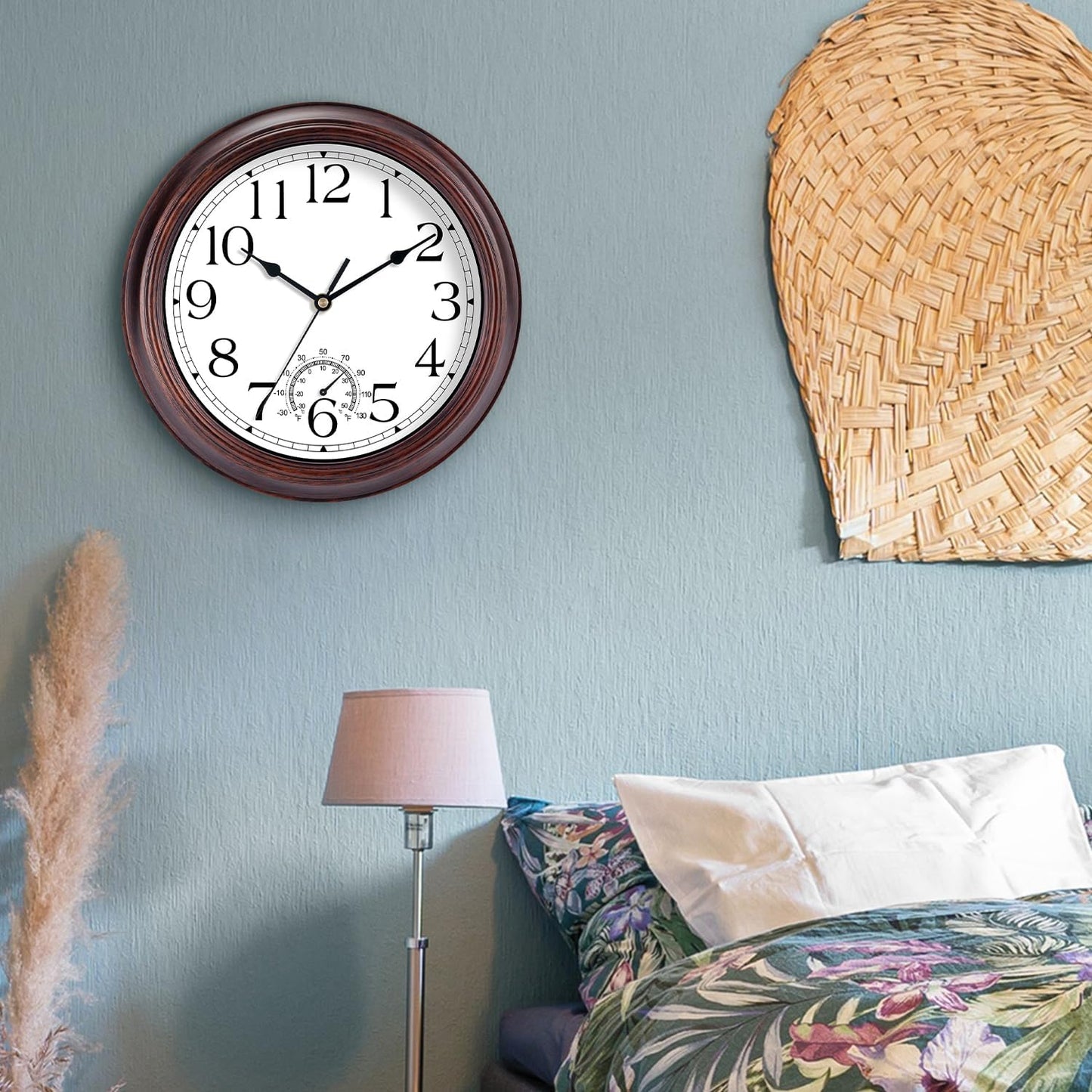 14 Inch Outdoor Wall Clock with Thermometers, Vintage Silent Wall Clocks Battery Operated, Retro Non-Ticking Clock Decorative for Living Room, Patio, Kitchen, Office, Bathroom, Bedroom(Bronze)