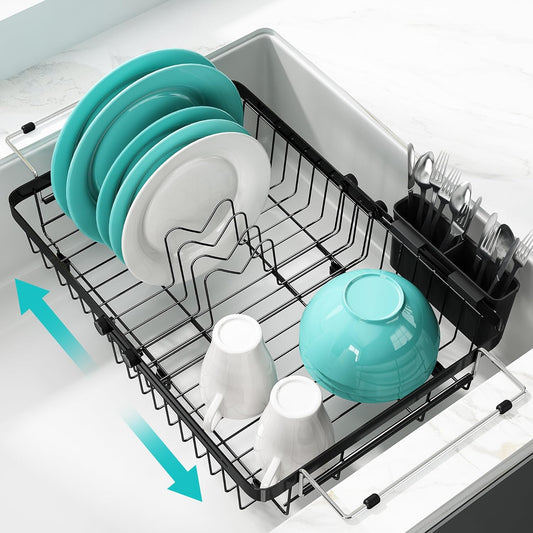 MAJALiS Dish Drying Rack in Sink -Expandable Stainless Steel Over Sink Dish Rack (11.3''-17''), Adjustable Capacity Dish Strainers for Kitchen Sink Counter with Utensil Holder, Black