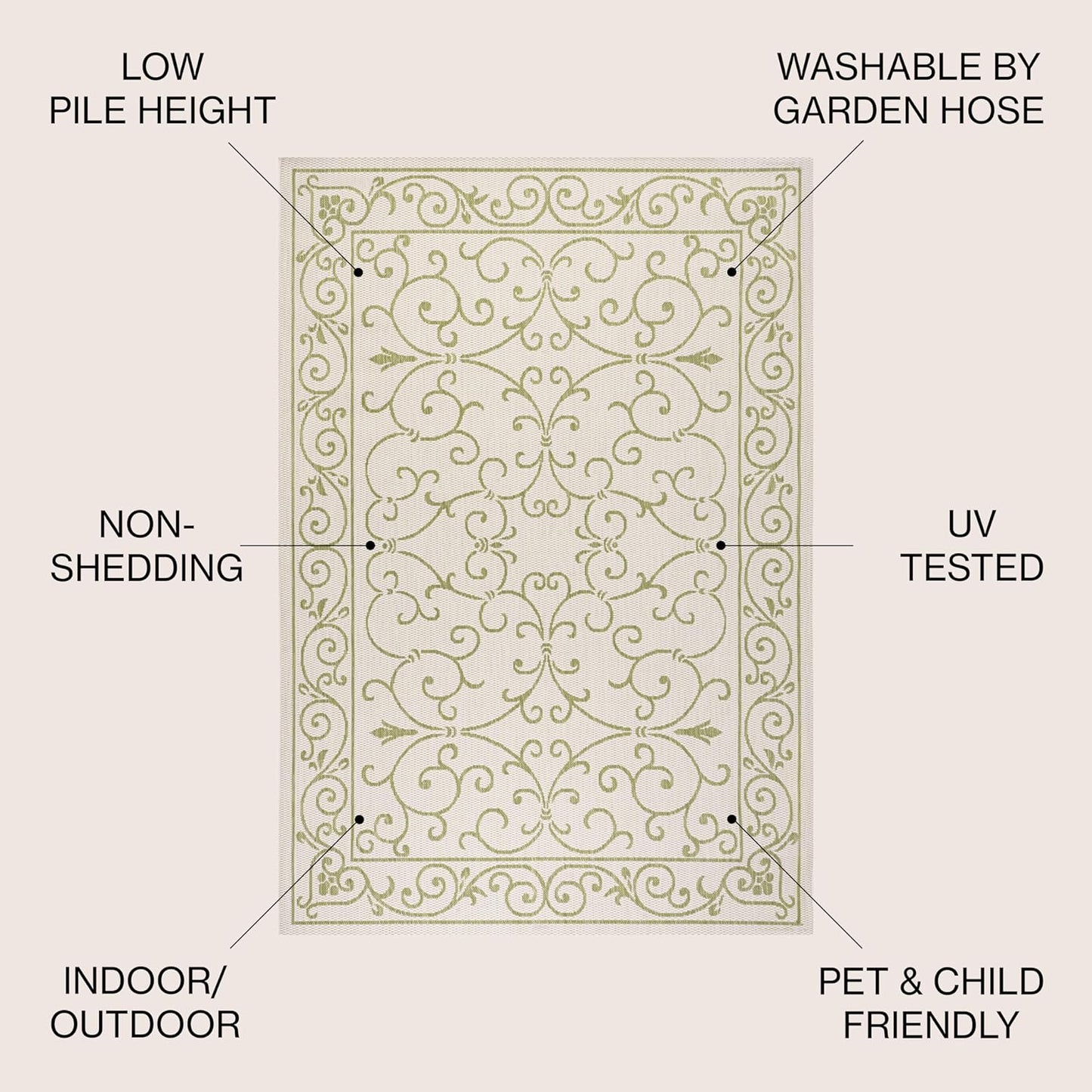 JONATHAN Y Vintage Filigree Indoor Outdoor Area Rug 4X6 Cream/Green, Charleston Textured Weave for Backyard, Patio, Porch, Easy-Cleaning, High Traffic, Pet-Friendly, Non-Shedding (SMB106I-4)