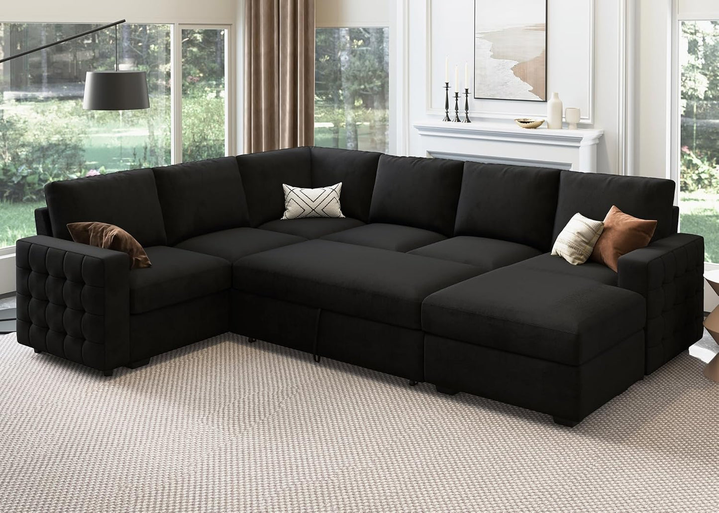 HONBAY Sectional Sleeper Sofa with Pull Out Bed U-Shape Sectional Couch with Storage Chaise 6 Seater Sleeper Sectional Sofa Bed, Velvet Black