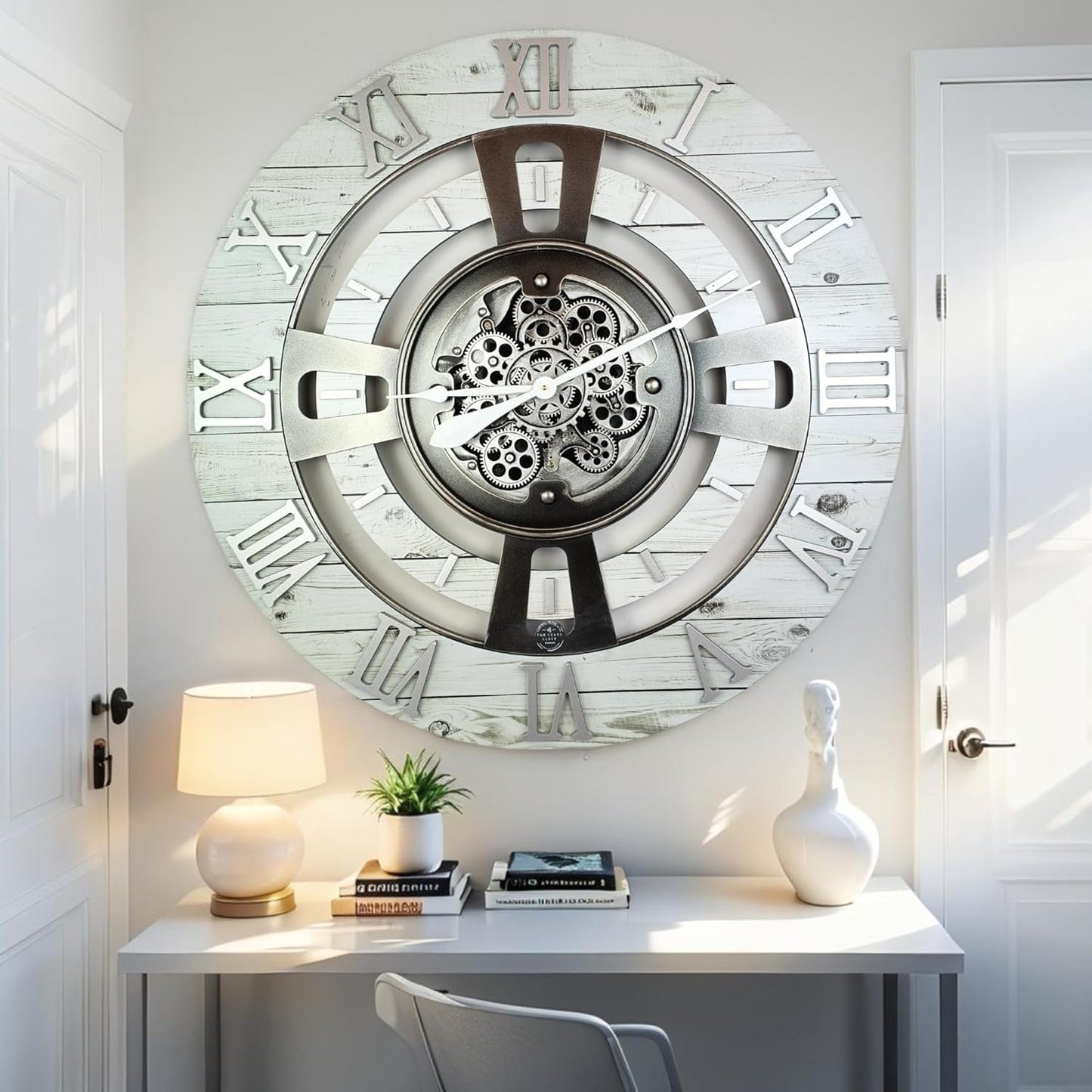 The Gears Clock Real Moving Gear Wall Clock England Line (White Farmhouse, 24 inches (60 cm))