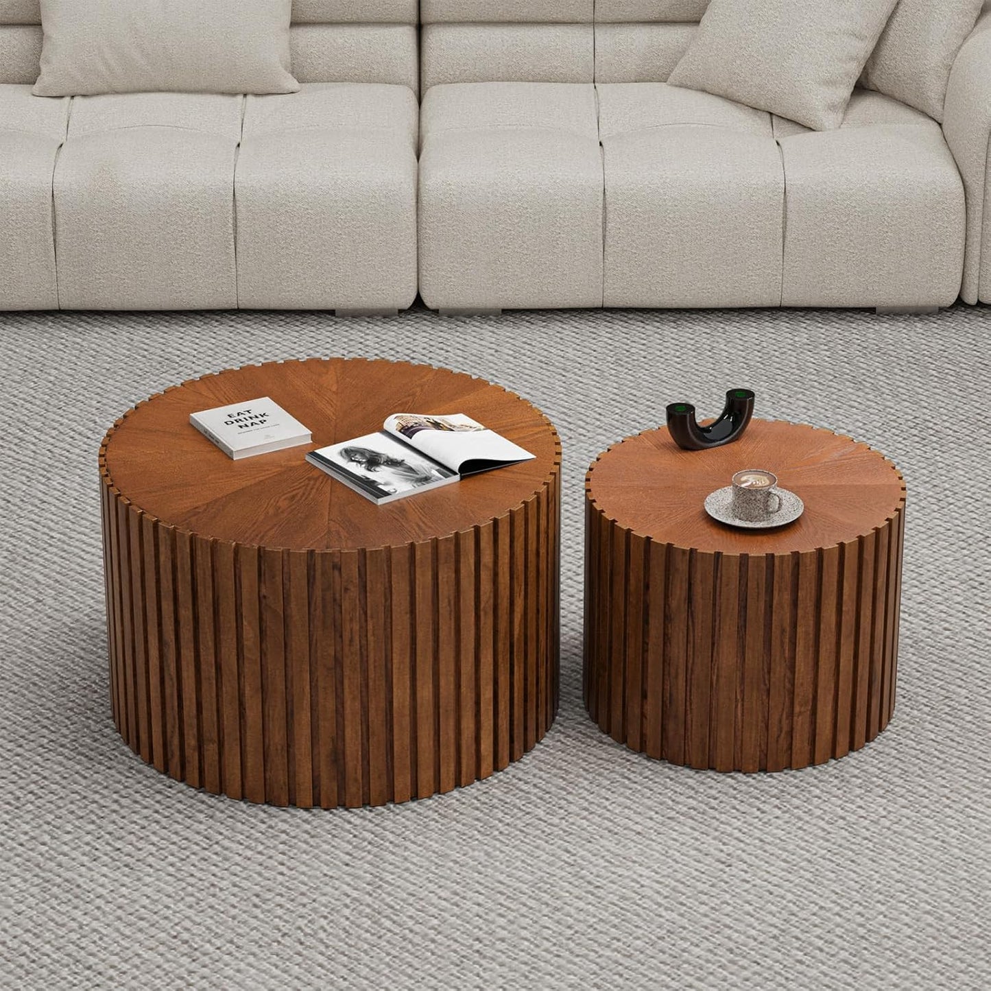 Round Nesting Coffee Table, Drum Wood Coffee Table Set of 2 Brown, Modern Fluted Nesting Tables Circle Center Table 2 Piece for Small Spaces Living Room Bedroom Balcony Office, No Assembling