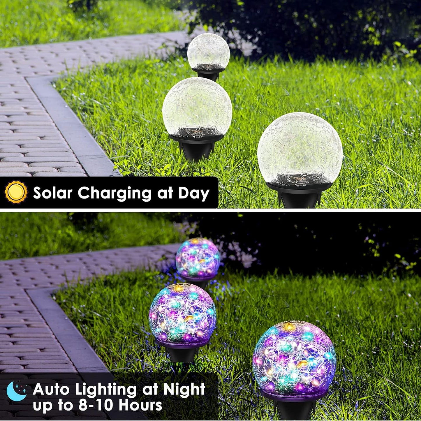 Solar Garden Lights, 2 Pack 80 LED Multicolor Cracked Glass Solar Outdoor Lights Decorative, Upgraded Waterproof Ball Light for Yard Pathway Patio Lawn Christmas Outside Decor, 5.9"