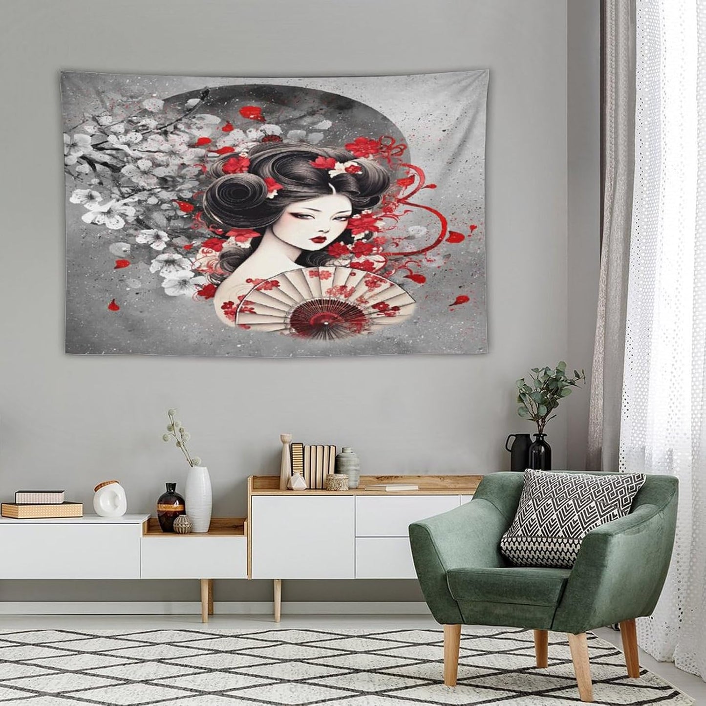 Japanese Geisha Tapestry Asian Red Cherry Blossom Red Sun Traditional Kimono Folk Tapestries Home Decor for Living Room Bedroom Apartment Farmhouse Dorm 60"x40"