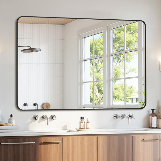 Bathroom Mirror 55" x 36", Large Rectangle Wall Mirror, Black Metal Frame Wall Mounted Mirrors for Bathroom, Vanity, Bedroom, Entryway Decor(Horizontal/Vertical)