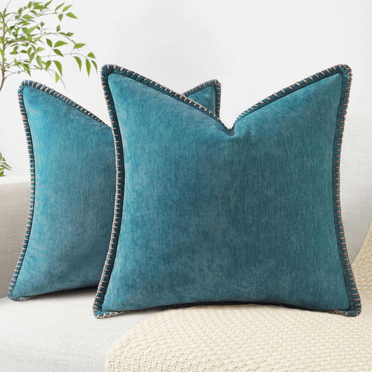 decorUhome Chenille Soft Throw Pillow Covers 24x24 Set of 2, Farmhouse Velvet Neutral Decorative Euro Pillow Covers with Stitched Edge for Couch Sofa Bed Home Decor, Teal