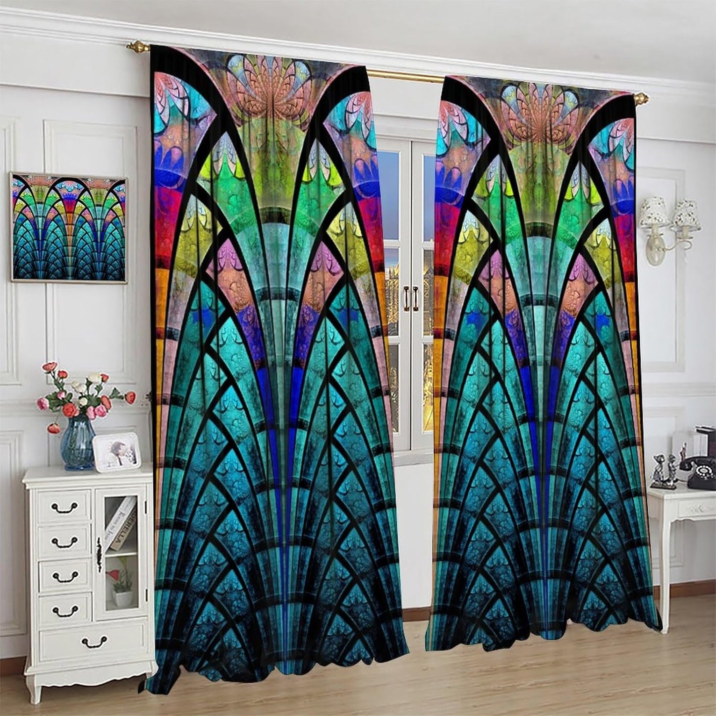 Stained Glass Curtains,Retro Design Style Colorful Abstract Art Home Decor Drapes for Bedroom Living Room Kitchen Window Treatment 2 Panels Set Total Size 63" W X 72" L Inch