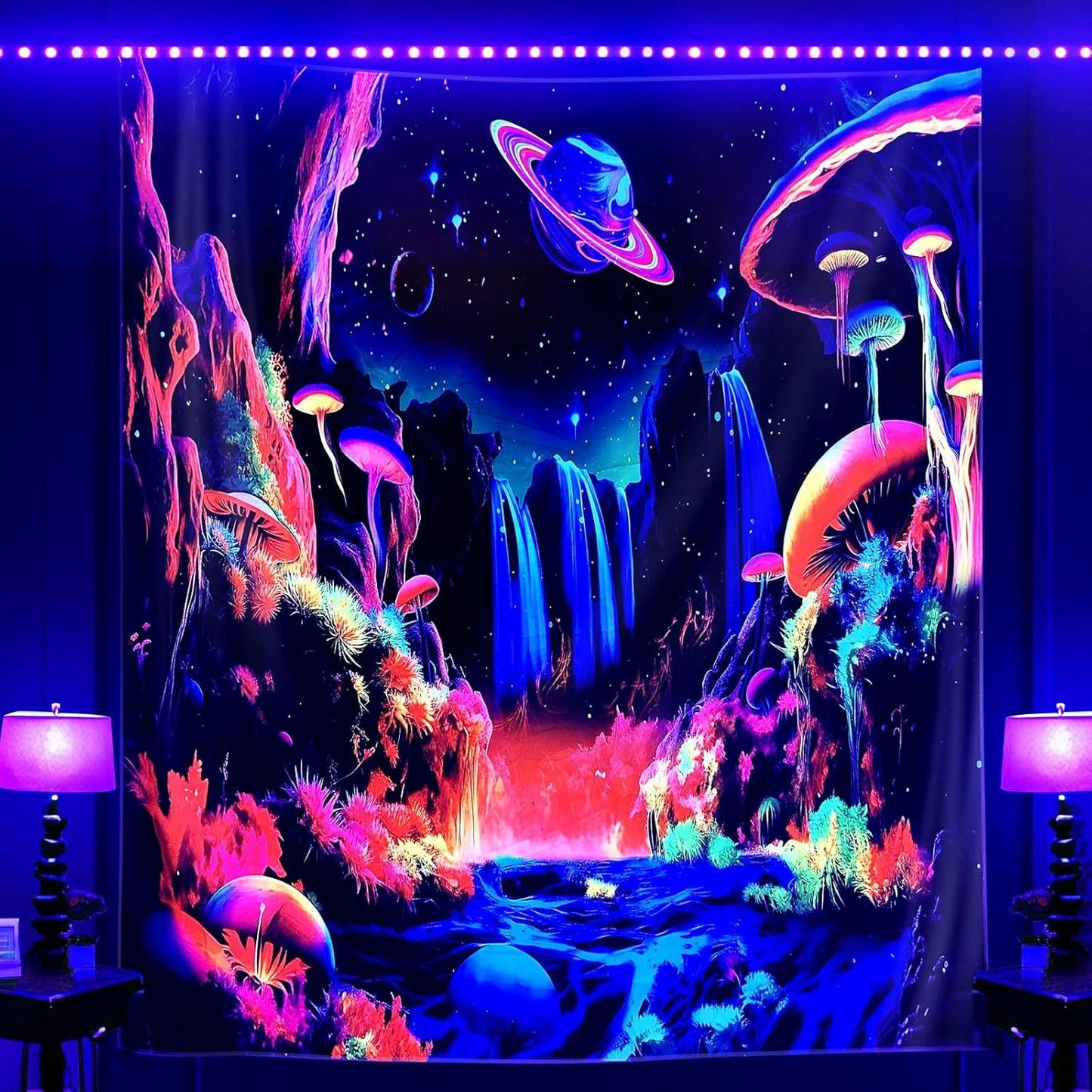 ADDWel Blacklight Mushroom Planet Tapestry, Black Fantastic Tapestry Glow In The Dark, UV Reactive Black Light Posters Wall Hanging for Bedroom Dorm Living Room Backdrop Decor