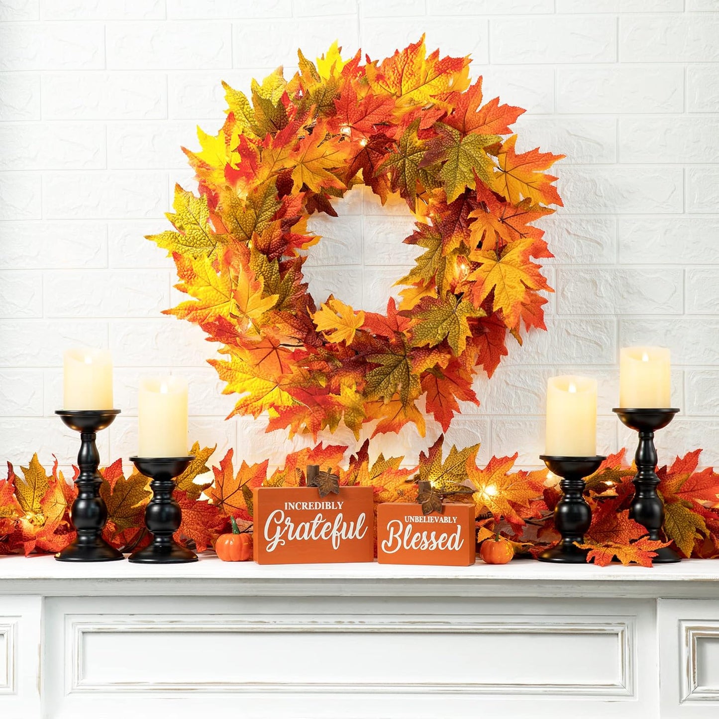 Glitzhome 24 Inch Pre-lit Fall Wreath, Autumn Wreath for Front Door, Lighted Maple Leaves Wreaths with Timer for Thanksgiving Halloween Christmas Wall Front Porch Home Decoration